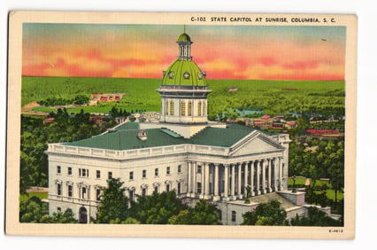 Linen era postcard showing the State Capitol at sunrise with surrounding landscape, Columbia, S.C.