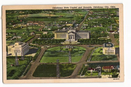 Postcard aerial view of the Oklahoma State Capitol and Grounds with famous oil derricks, Oklahoma