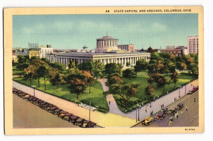 Linen Postcard showing the Ohio State Capitol and Grounds in Columbus, Ohio with 1930s-era cars.