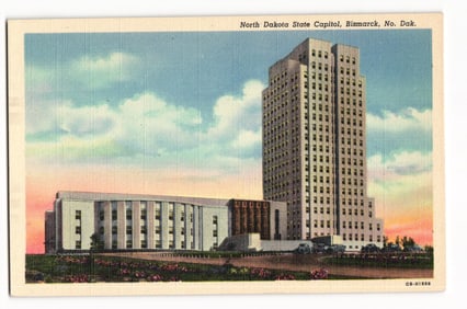 Linen postcard of the North Dakota State Capitol, an Art Deco skyscraper in Bismarck, c. 1940s view