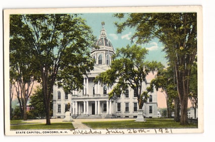 Postcard showing the State Capitol building framed by large trees in Concord, New Hampshire 1921
