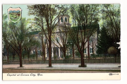 Postcard view of the Nevada State Capitol building through the trees, Carson City, Nevada c. 1910s.