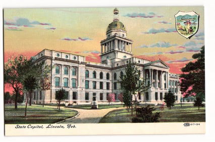 Postcard of Nebraska's State Capitol in Lincoln. Early 20th century lithograph with a state seal