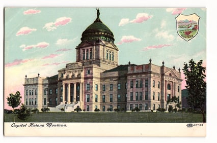 Postcard showing the magnificent Montana State Capitol Building in Helena, with state seal, c.