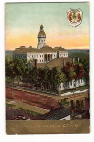 Postcard showing the second Missouri State Capitol in Jefferson City at sunset, c. 1900s undivided