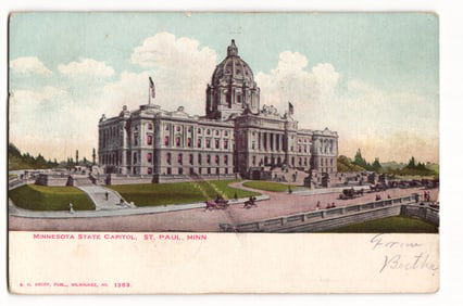 Postcard showing the Minnesota State Capitol building with horse-drawn carriages on the street, St.