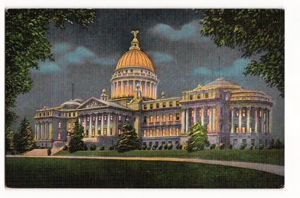 Linen postcard of the illuminated State Capitol at night in Jackson, Mississippi, erected 1901-1903.