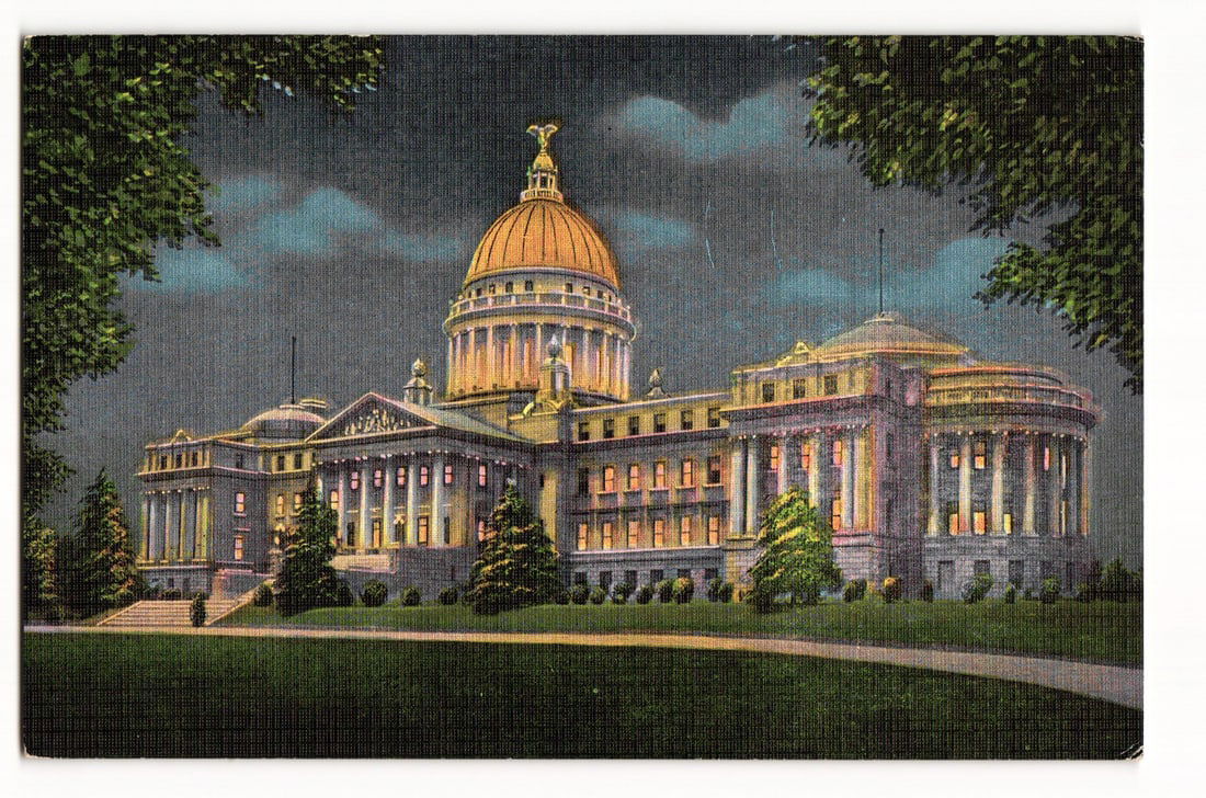 Linen postcard of the illuminated State Capitol at night in Jackson, Mississippi, erected 1901-1903. (1 of 2)