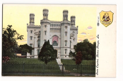 Color postcard of the Old State Capitol, a Gothic Revival castle in Baton Rouge, Louisiana, c. 1910s