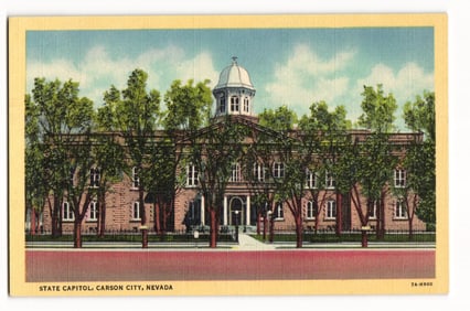 Linen postcard showing the front facade of the State Capitol building in Carson City, Nevada c. 1937