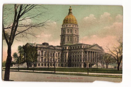 Litho-Chrome postcard showing the State Capitol Building with its golden dome in Topeka, Kansas