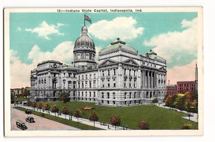 Postcard of the Indiana State Capitol building in Indianapolis, Indiana. Exterior grounds view c.