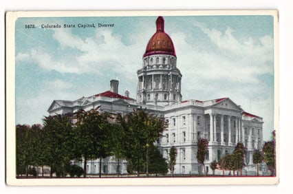 Postcard view of the Colorado State Capitol building with its iconic dome in Denver, Colorado