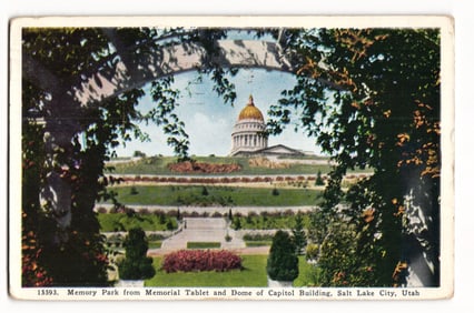 Postcard view of Memory Park and the Utah State Capitol Dome from a Rose Arbor, Salt Lake City