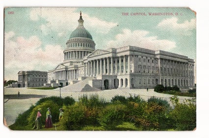 Postcard view of The Capitol in Washington, D.C. with women in Edwardian dress, circa 1900s.