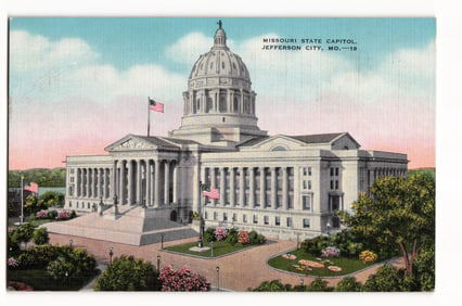 Postcard showing the Missouri State Capitol building with gardens in Jefferson City, MO. circa