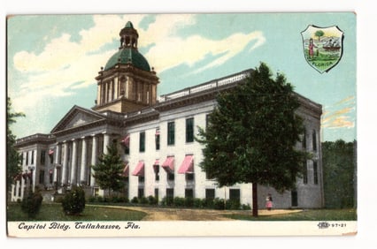Postcard depicting the Florida State Capitol Building in Tallahassee, with state seal inset c.