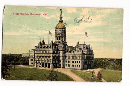 Postcard of the Connecticut State Capitol building with its prominent golden dome in Hartford, c.