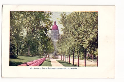 Postcard view of the Colorado State Capitol from Sherman Ave. in Denver. Undivided back era c. 1905