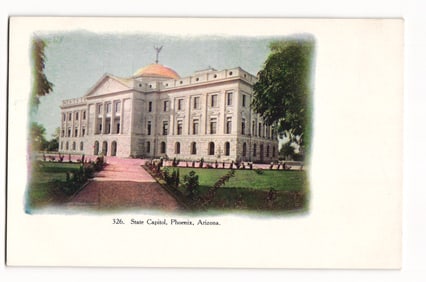Color postcard depicting the Arizona State Capitol building and its manicured grounds in Phoenix, AZ