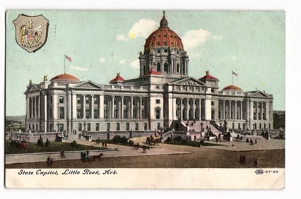 Postcard view of the Arkansas State Capitol building in Little Rock, with people and carriages c.