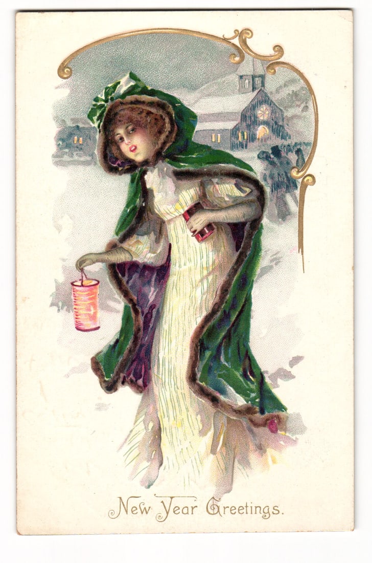 Raphael Tuck & Sons postcard New Year Greetings, woman in green fur-lined cape holding a lantern. (1 of 2)