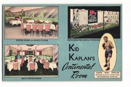 Linen postcard showing Kid Kaplan's Continental Room restaurant in Hartford, Connecticut, c. 1947.