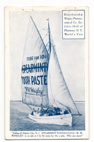 Advertising postcard for Wrigley Spearmint Tooth Paste, sailboat off Atlantic City, NJ, 1939 World's