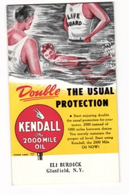 Advertising postcard for Kendall 2000 Mile Oil featuring lifeguards, Eli Burdick, Glenfield, N.Y.