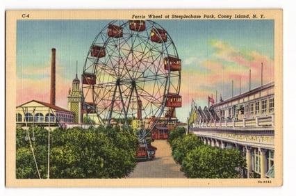 Linen postcard of the iconic Ferris Wheel attraction at Steeplechase Park, Coney Island, New York.