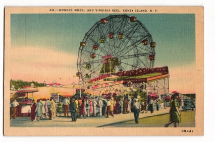 Linen Postcard showing the Wonder Wheel and Virginia Reel at Coney Island, New York amusement park