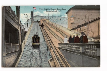 Postcard showing the Shooting the Chutes amusement ride at Luna Park in Coney Island, New York, c.