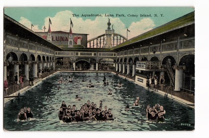 Postcard view of The Aquadrome swimming pool at Luna Park, Coney Island, New York circa 1930s.