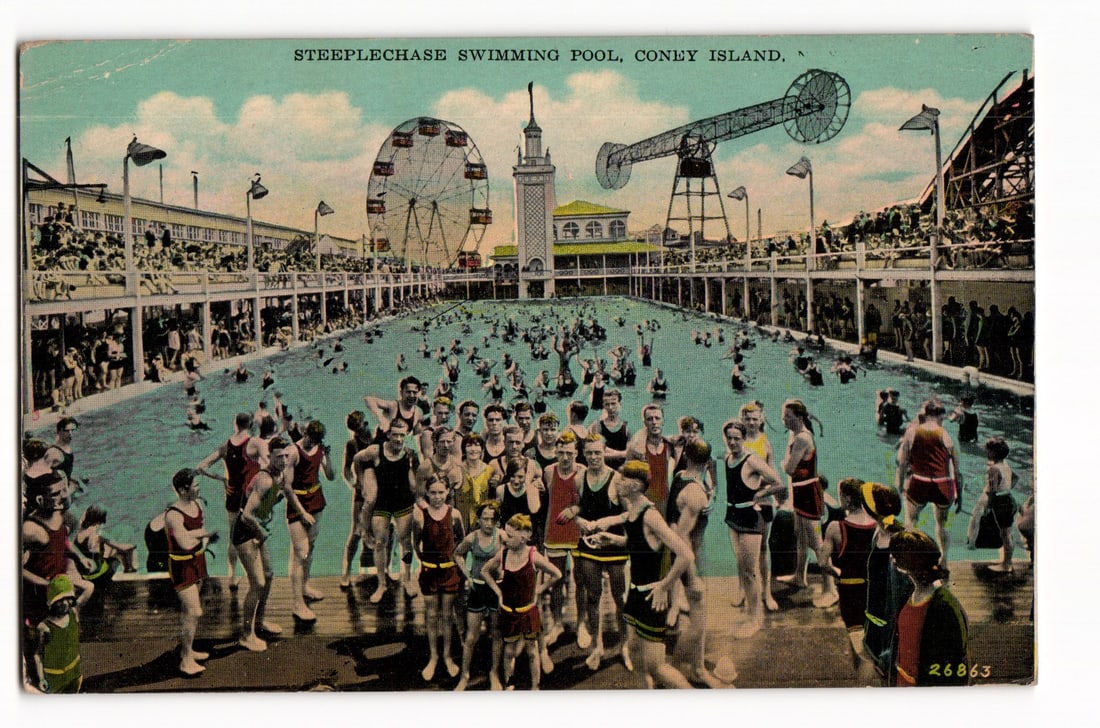 Postcard showing the crowded Steeplechase Swimming Pool at Coney Island, NY amusement park c. 1910s. (1 of 2)