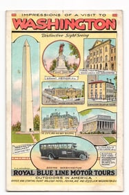 Linen postcard of Washington D.C. with landmarks and Royal Blue Line Motor Tours bus, circa 1930s.
