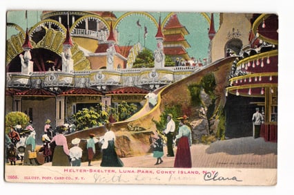 Postcard of the Helter-Skelter ride at the famous Luna Park in Coney Island, New York circa 1905.