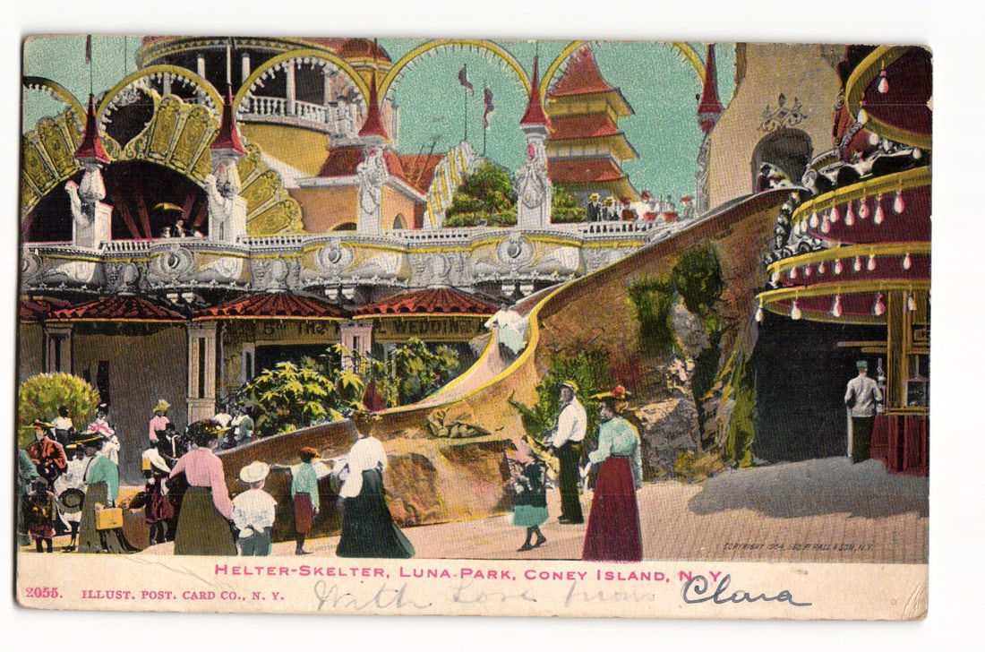 Postcard of the Helter-Skelter ride at the famous Luna Park in Coney Island, New York circa 1905.: Please view photos for further description and condition considerations. Please know the scans may be darker or lighter than the actual card's true appearance. ACME Auctions offers FREE DOMESTIC SHIPP