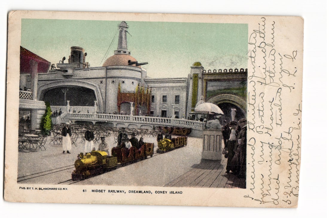 Postcard showing the Midget Railway ride at Dreamland amusement park in Coney Island, New York, 1904 (1 of 2)