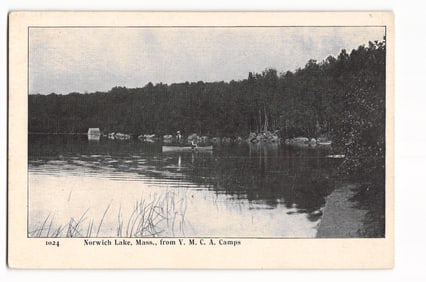Postcard showing two people in a canoe on Norwich Lake, Massachusetts, seen from YMCA Camps c.1904