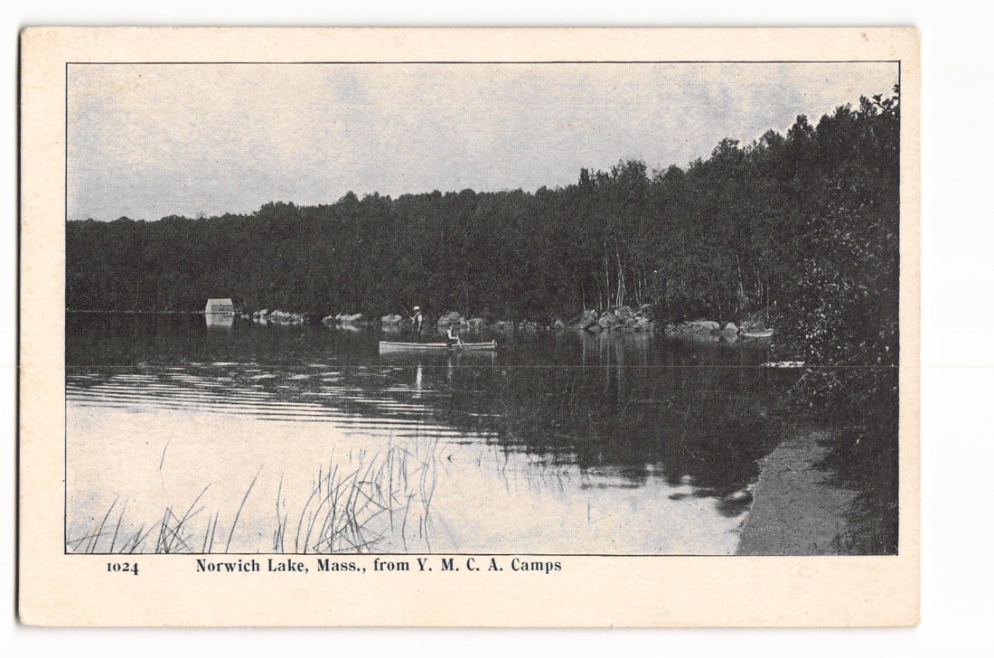 Postcard showing two people in a canoe on Norwich Lake, Massachusetts, seen from YMCA Camps c.1904: Please view photos for further description and condition considerations. Please know the scans may be darker or lighter than the actual card's true appearance. ACME Auctions offers FREE DOMESTIC SHIPP
