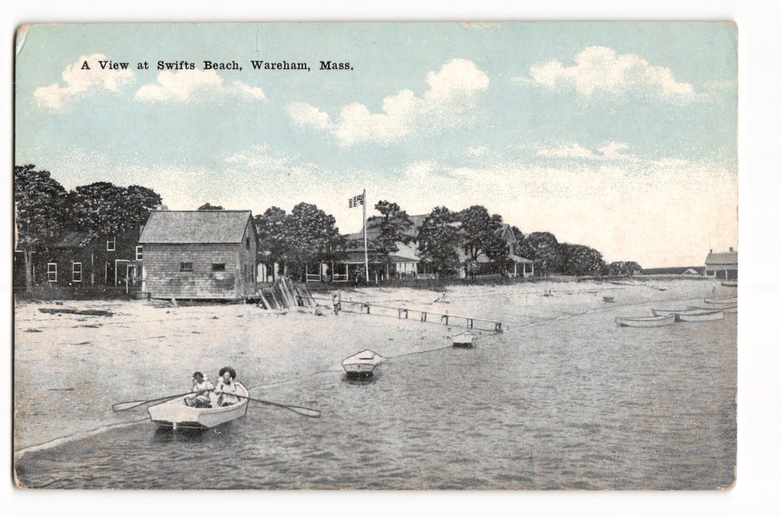 Postcard showing an early scene at Swifts Beach, Wareham, Massachusetts with shoreline homes c.1910s (1 of 2)