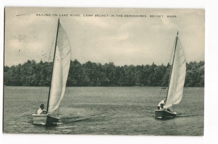 Postcard showing sailing on Lake Rudd at Camp Becket-in-the-Berkshires, Becket, Massachusetts.