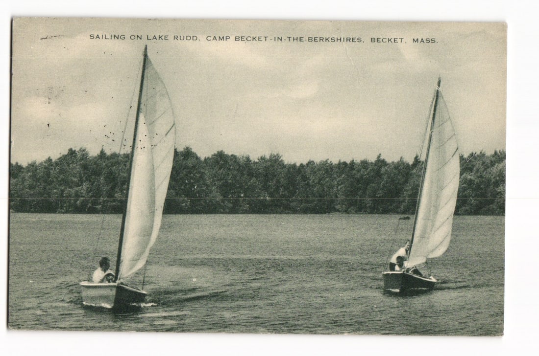 Postcard showing sailing on Lake Rudd at Camp Becket-in-the-Berkshires, Becket, Massachusetts.: Please view photos for further description and condition considerations. Please know the scans may be darker or lighter than the actual card's true appearance. ACME Auctions offers FREE DOMESTIC SHIPP