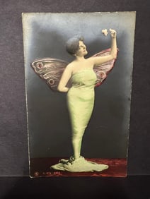 Scarce embossed hand colored real photo postcard - Woman dressed as fairy with a rose - Heavy stock