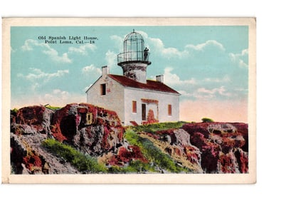Postcard view of the historic Old Spanish Light House on cliffs at Point Loma, San Diego,