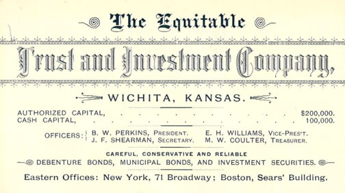 1889 Advertising Postcard, The Equitable Trust and Investment Company of Wichita, Kansas statement.