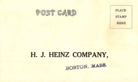 Early 1900s H. J. Heinz Company advertising postcard order form for pickles, ketchup, Boston, MA