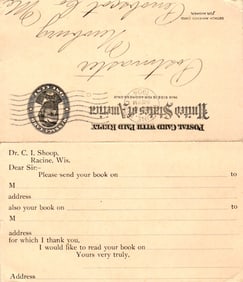 1904 Advertising Postal Card for Dr. C. I. Shoop's free medical books on various ailments, Racine,