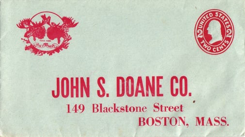 Postal Stationery Advertising Cover for John S. Doane Co. of Boston, Mass. with red moose logo.