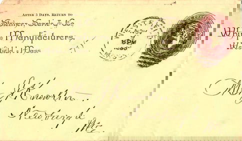 1886 cover advertising Steimer, Searle & Co., Whip Manufacturers, Westfield, MA to Newburgh, ME.